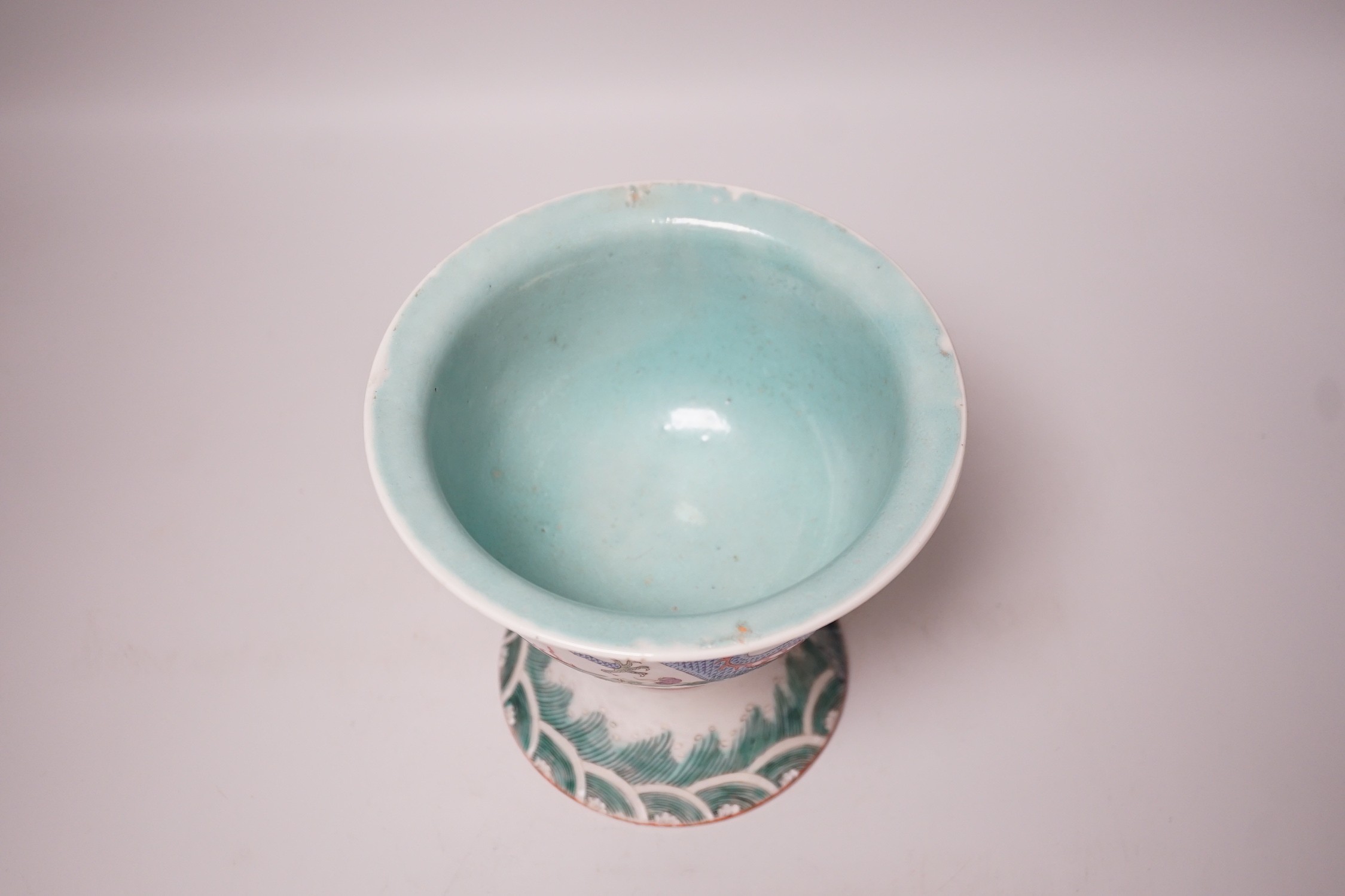 A large 19th century Chinese enamelled porcelain ‘dragon’ stem bowl, 16.5cm